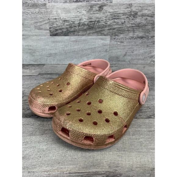 Kids Crocs Gold Glitter Clogs Size J-3 With Pink Strap - Picture 1 of 8
